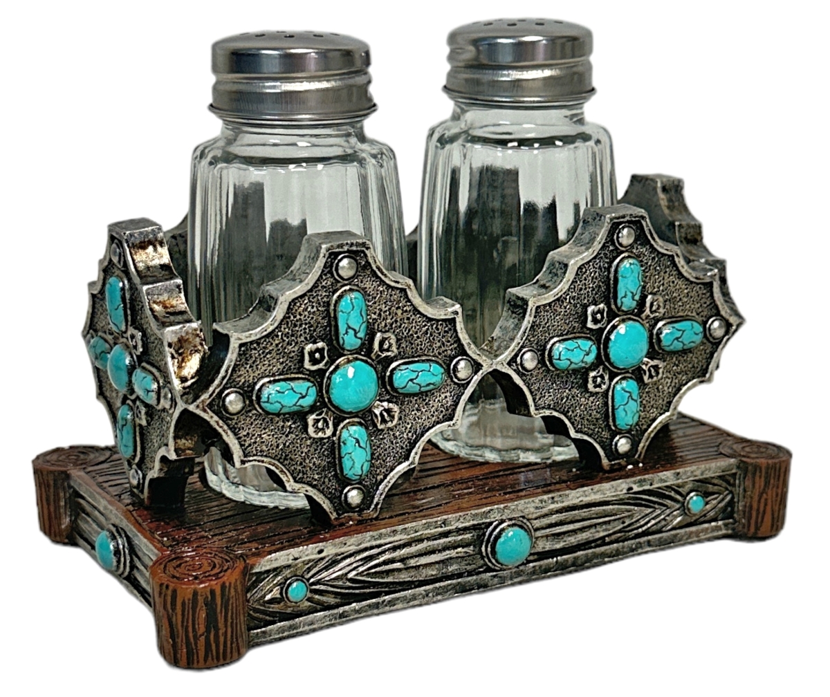 Picture of De Leon Collections 14883 Polyresin Turquoise Dot Stones with Metal Concho Accent Salt and Pepper Shaker Holder Set