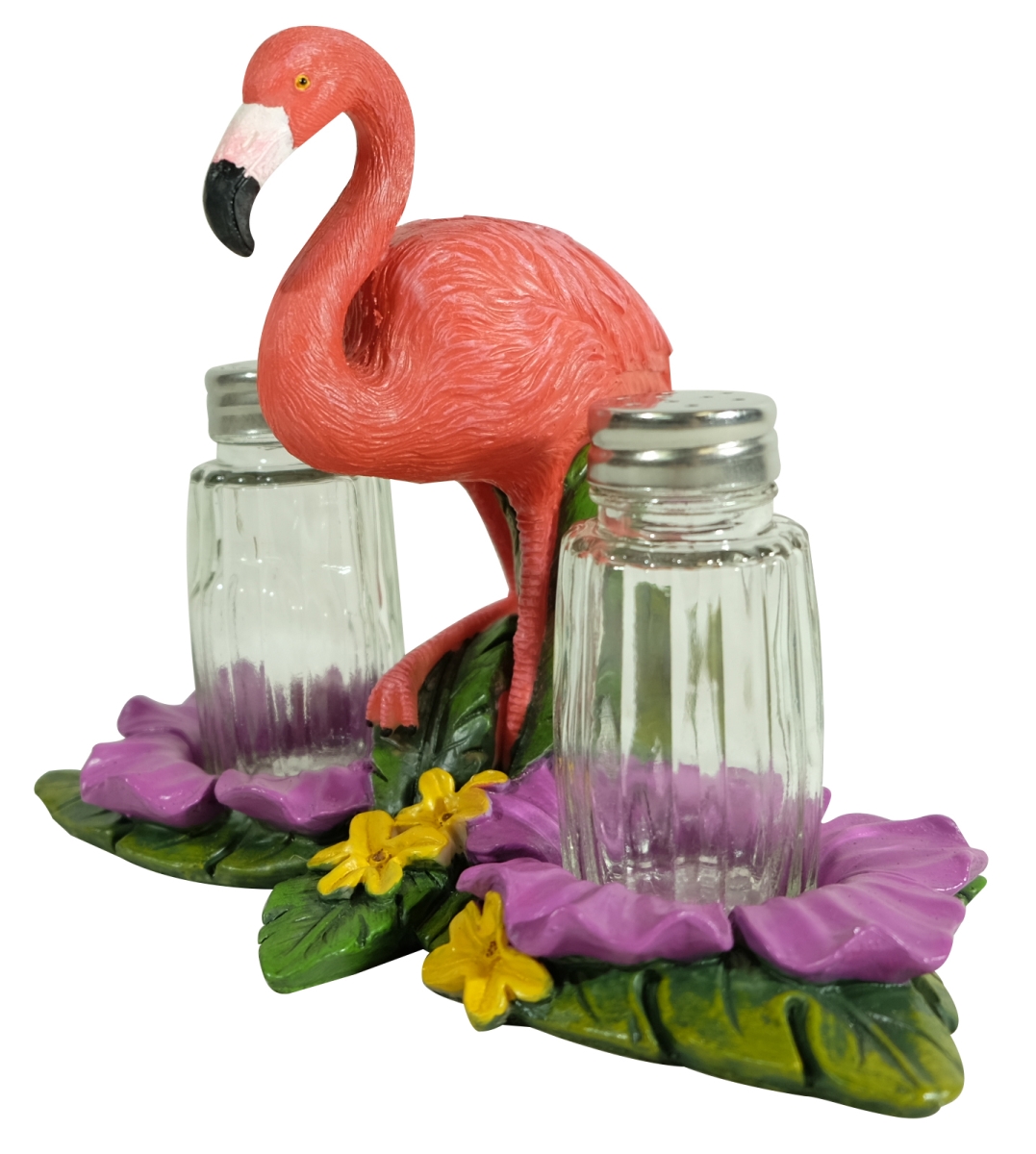 Picture of De Leon Collections 15232 Polyresin Tropical Pink Flamingo on Palms Floral Coastal Living Salt and Pepper Shaker Holder Set