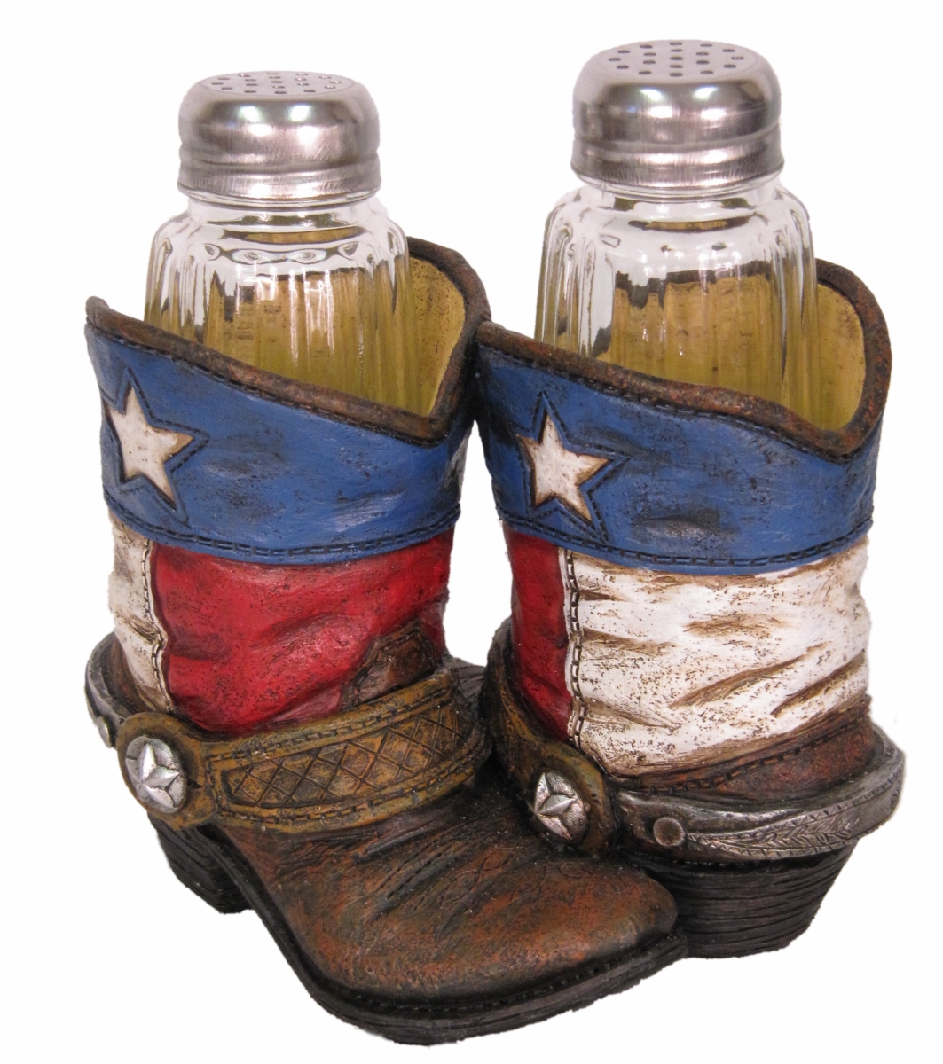 Picture of De Leon Collections 12409 Faux Tooled Leather Texas Red, White, Blue Western Cowboy Boots Salt and Pepper Shaker Holder Set