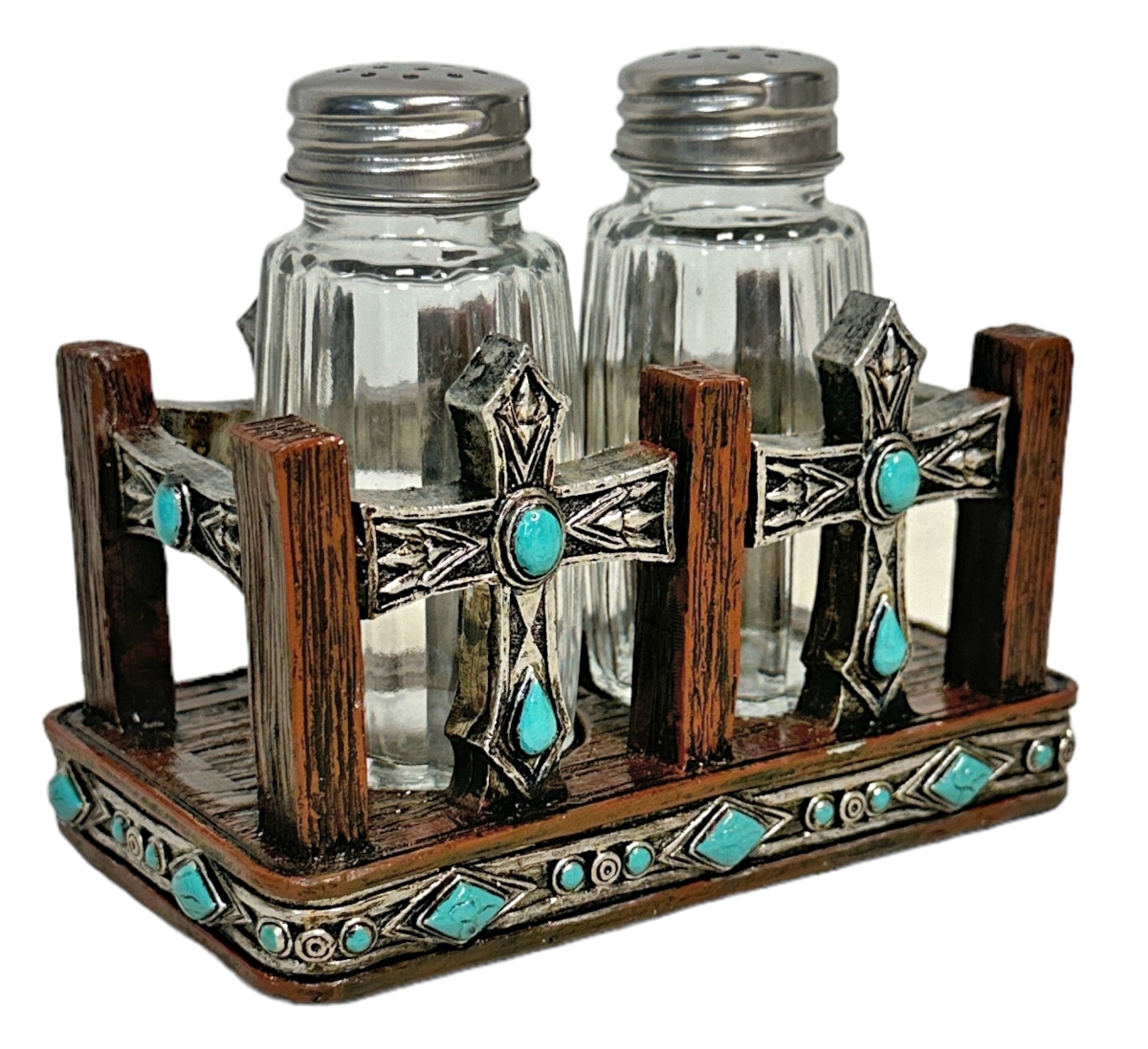 Picture of De Leon Collections 14884 Polyresin Turquoise Dot Stones with Metal Concho Twin Cross Salt and Pepper Shaker Holder Set