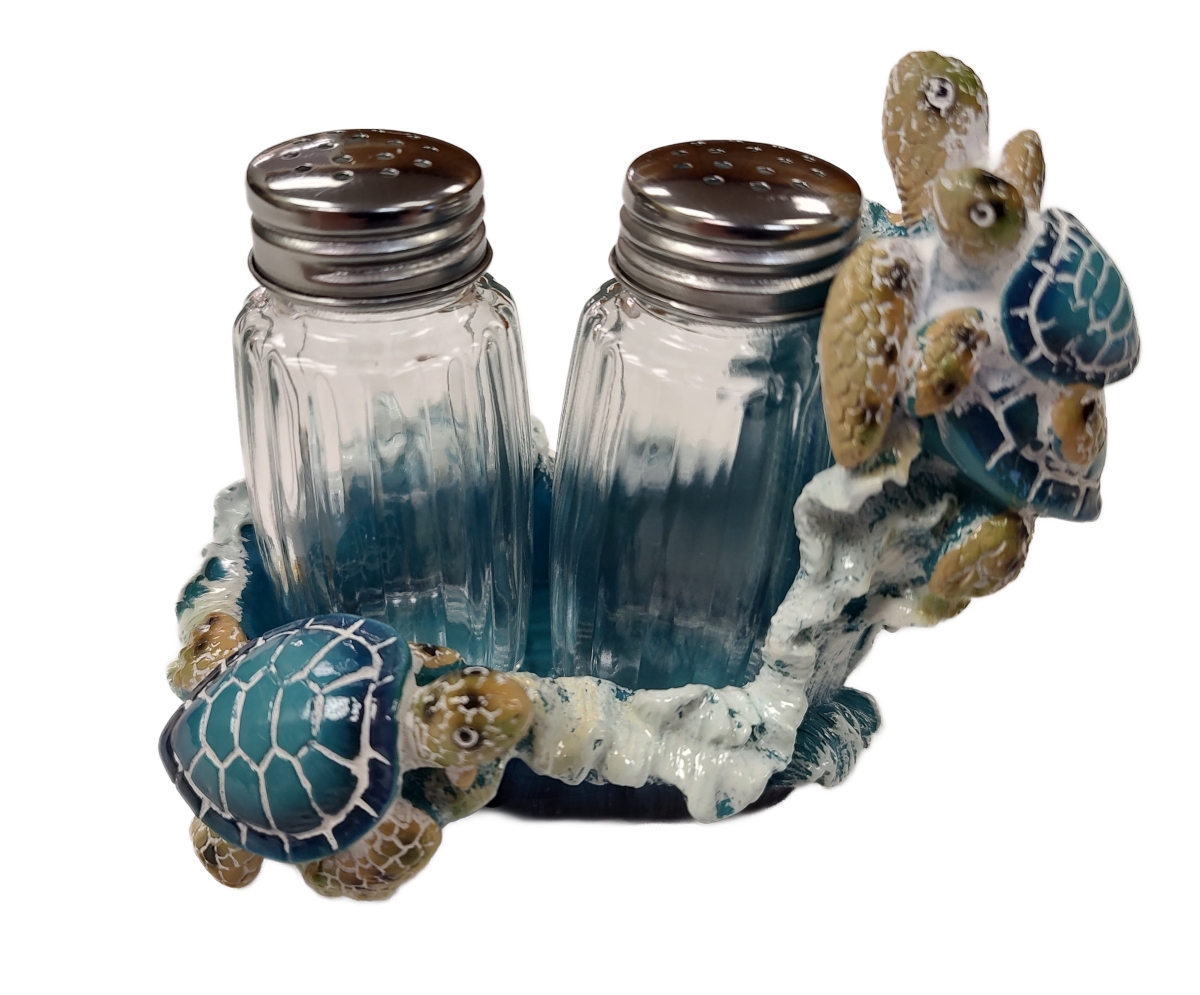 14682 Polyresin Ocean Blue & White Sea Turtle Wave Nautical Beach Theme Salt and Pepper Shaker Holder Set
