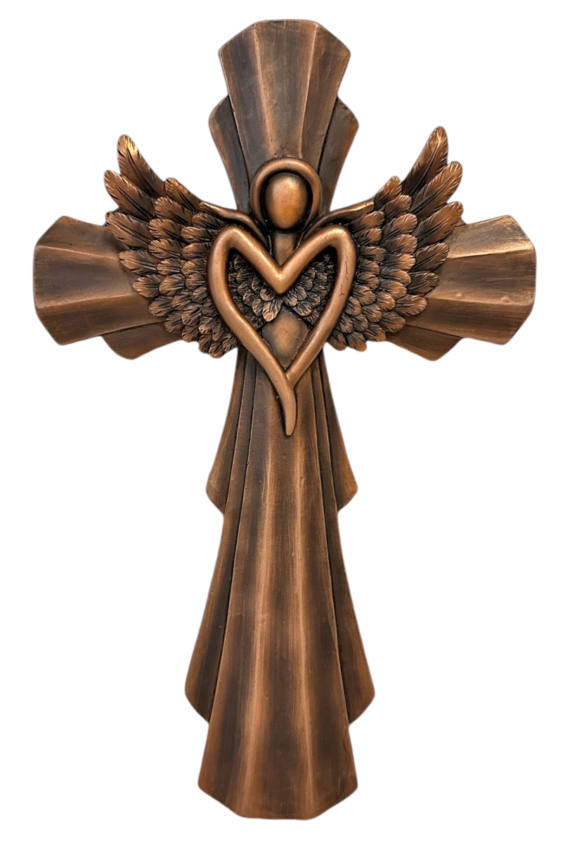 Brown Angel Wings Heart Wall Cross - Rustic Decor Accent