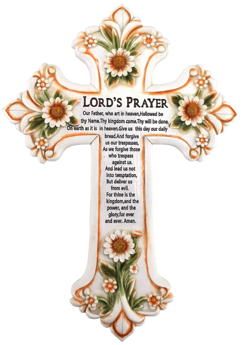 14861 Lords Prayer White Floral Vintage Fleur De Lis Wall Cross