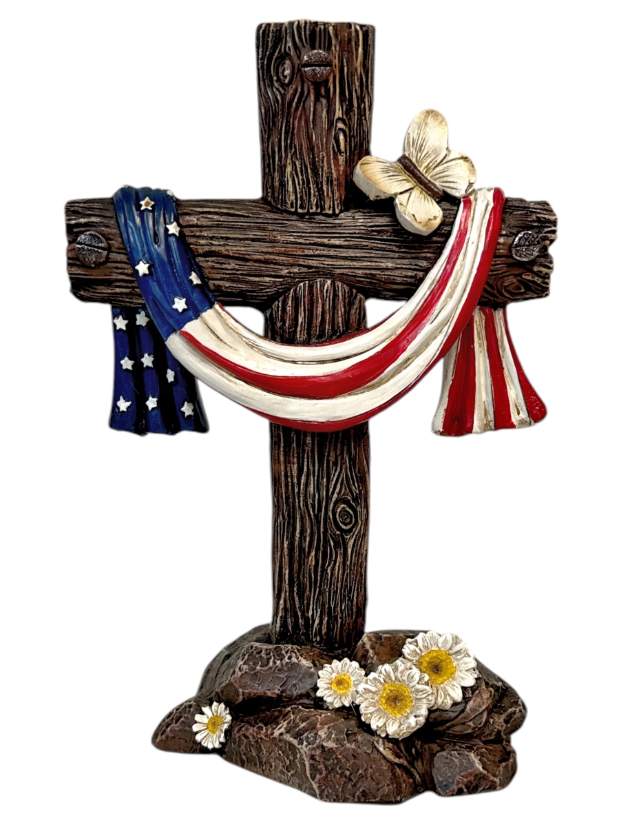 14896 Draped American Flag and Butterfly Religious Tabletop Cross
