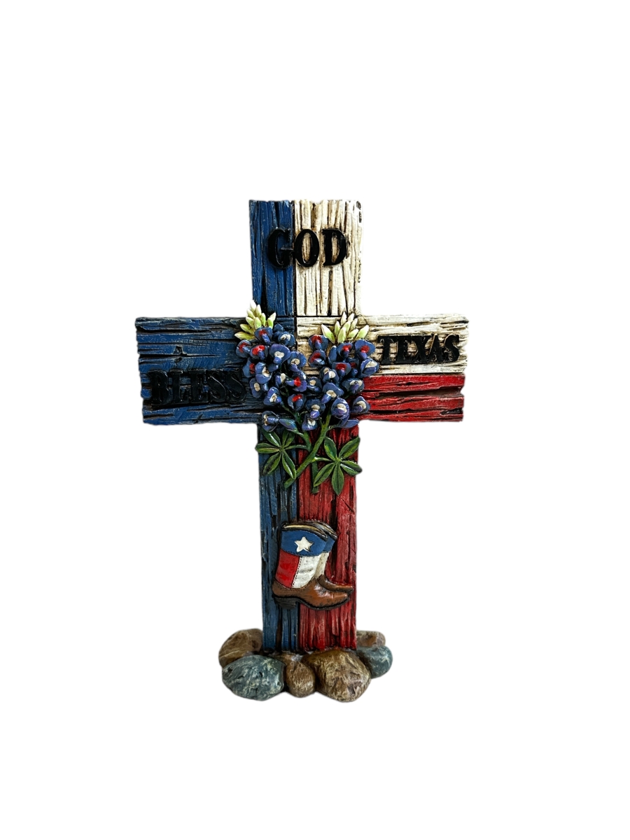 14037 God Bless Texas Blue Bonnet Standing Tabletop Cross Dcor