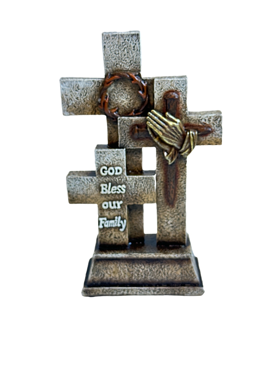 14035 Triple Standing Crosses Thorn Crown, Nails Tabletop Dcor