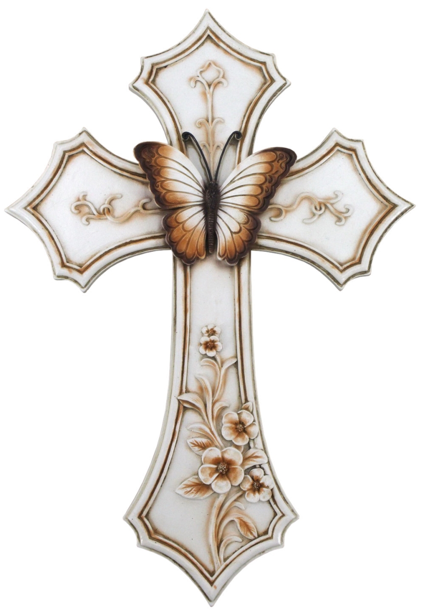 14862 Polyresin Butterfly White Floral Vintage Wall Cross