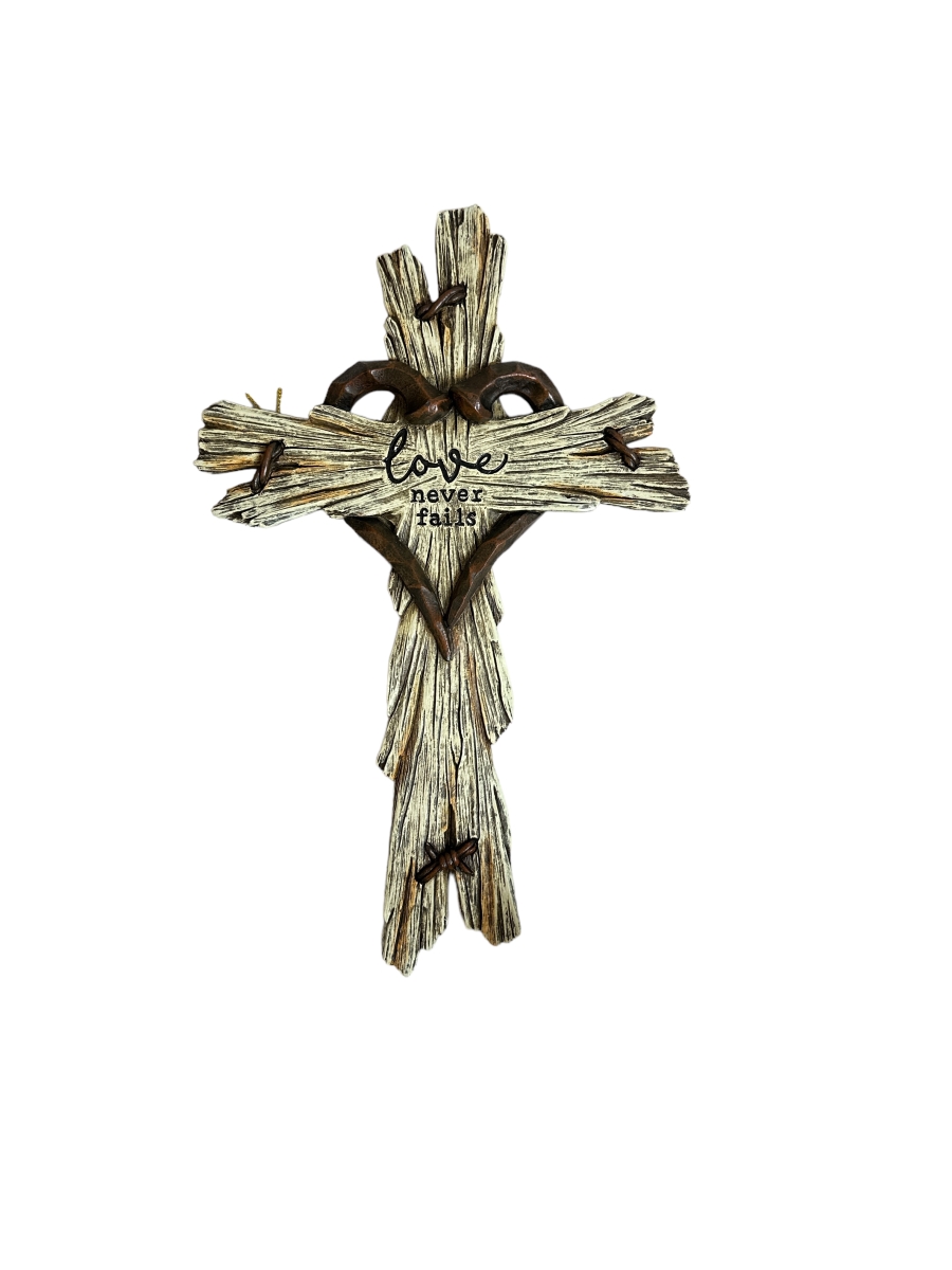 14057 Polyresin White Love Never Fails Hanging Wall Cross Dcor