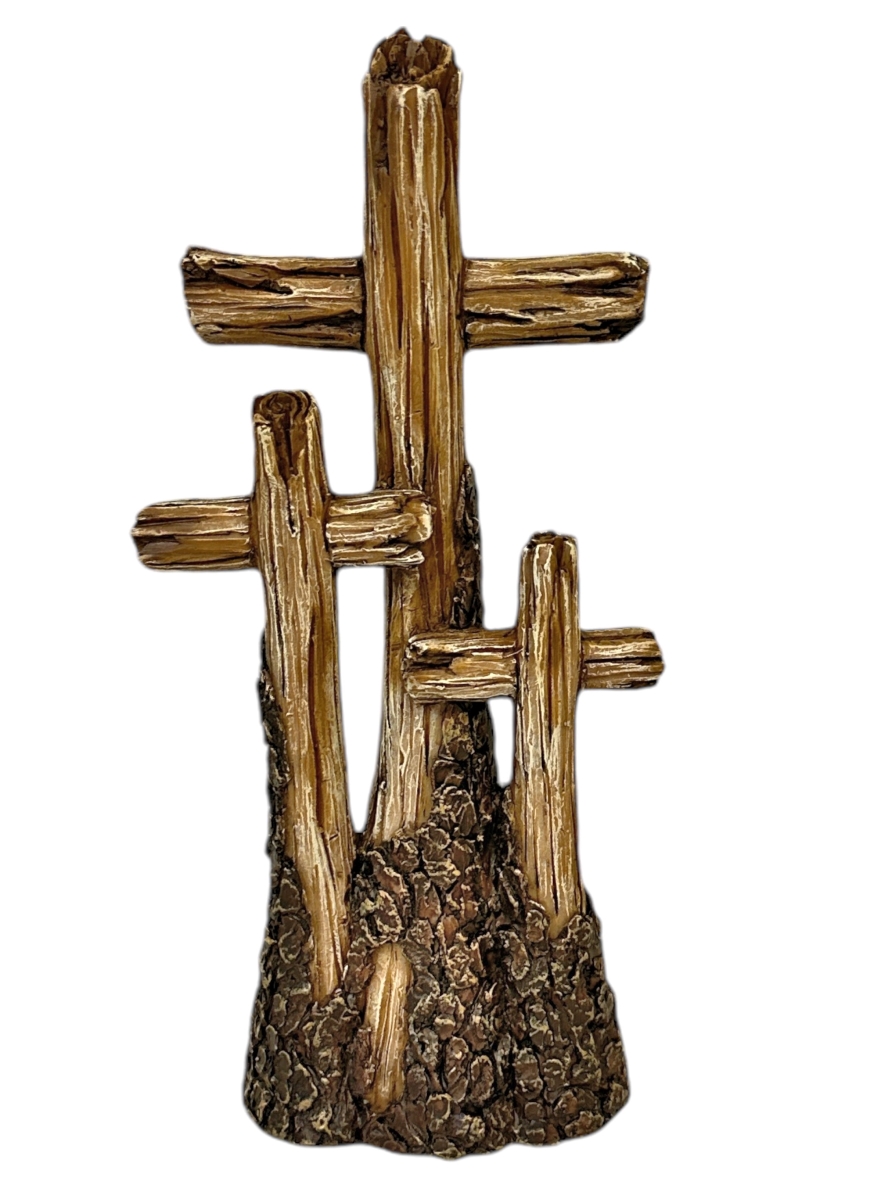 14080 Triple Cross Tree Bark on a Hill Rustic Tabletop Cross
