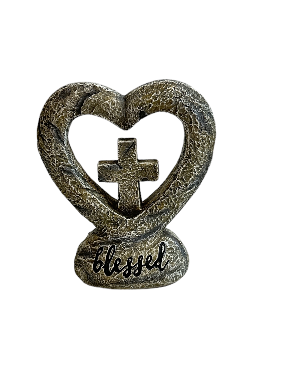 14033 Stone Finish Blessed Cross Encased in Heart Tabletop Cross
