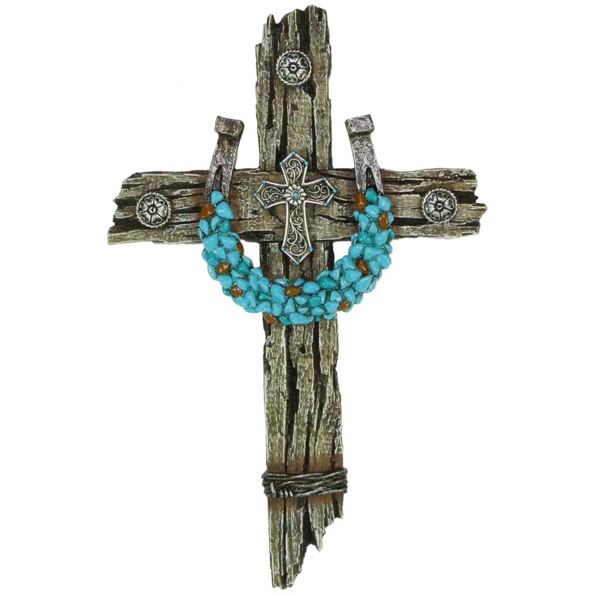 13206 Turquoise Horseshoe on Polyresin Driftwood Wall Cross Dcor
