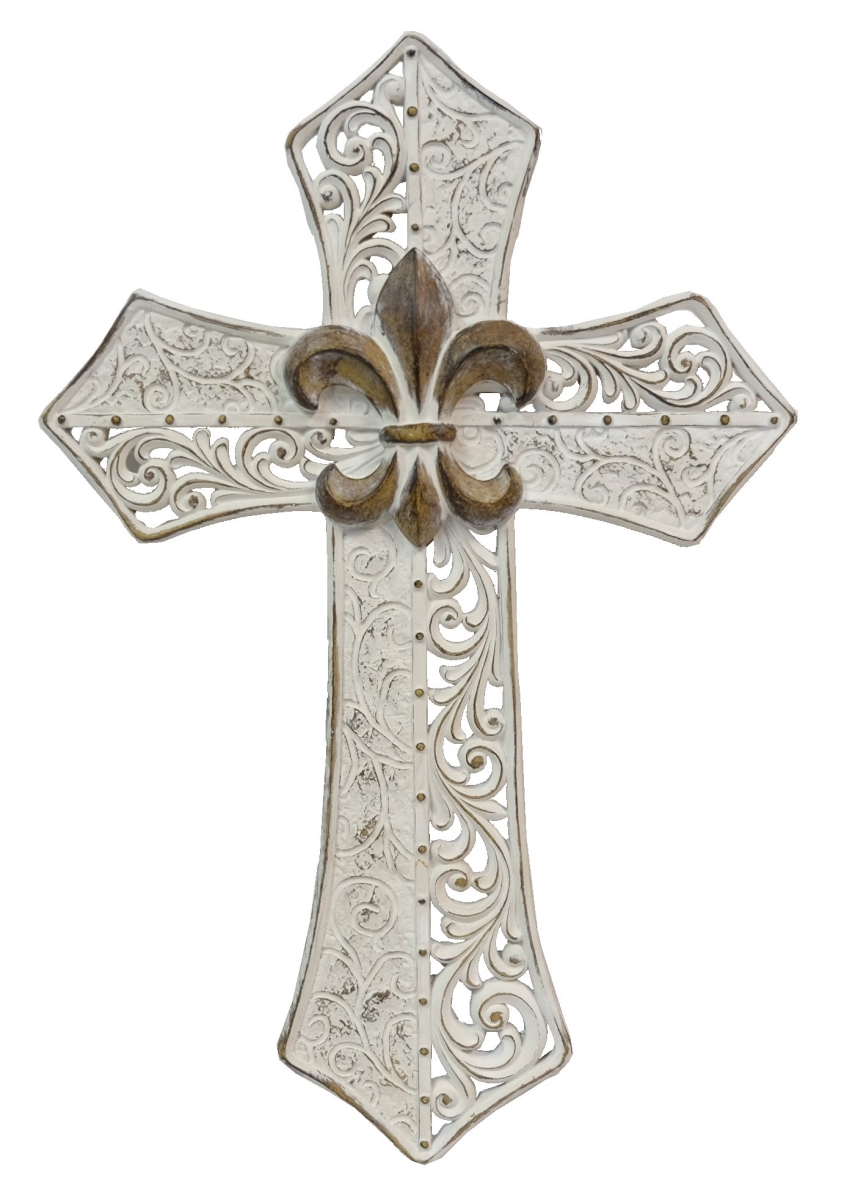 13737 Ornate Hollowed White Scrollwork Fleur De Lis Cross Dcor