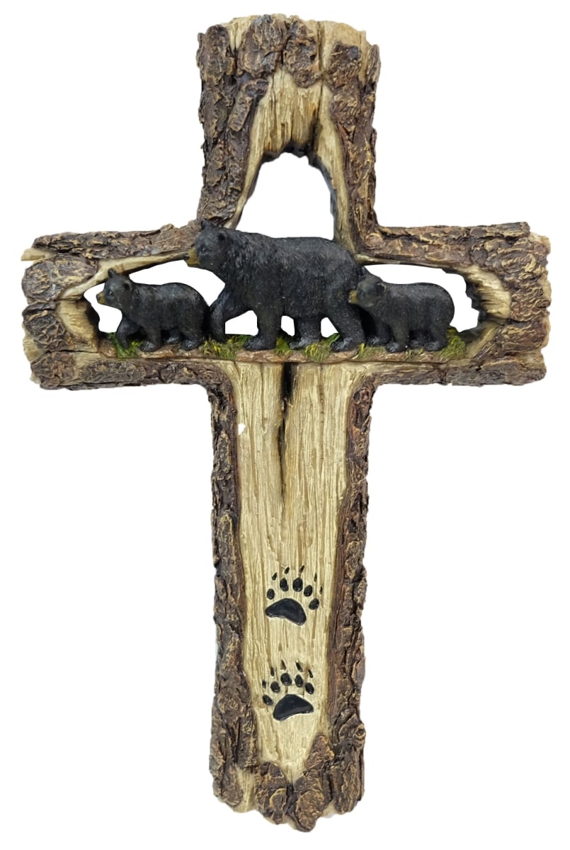 13767 Polyresin Bark Cross Three Black Bear Accent Cross Dcor