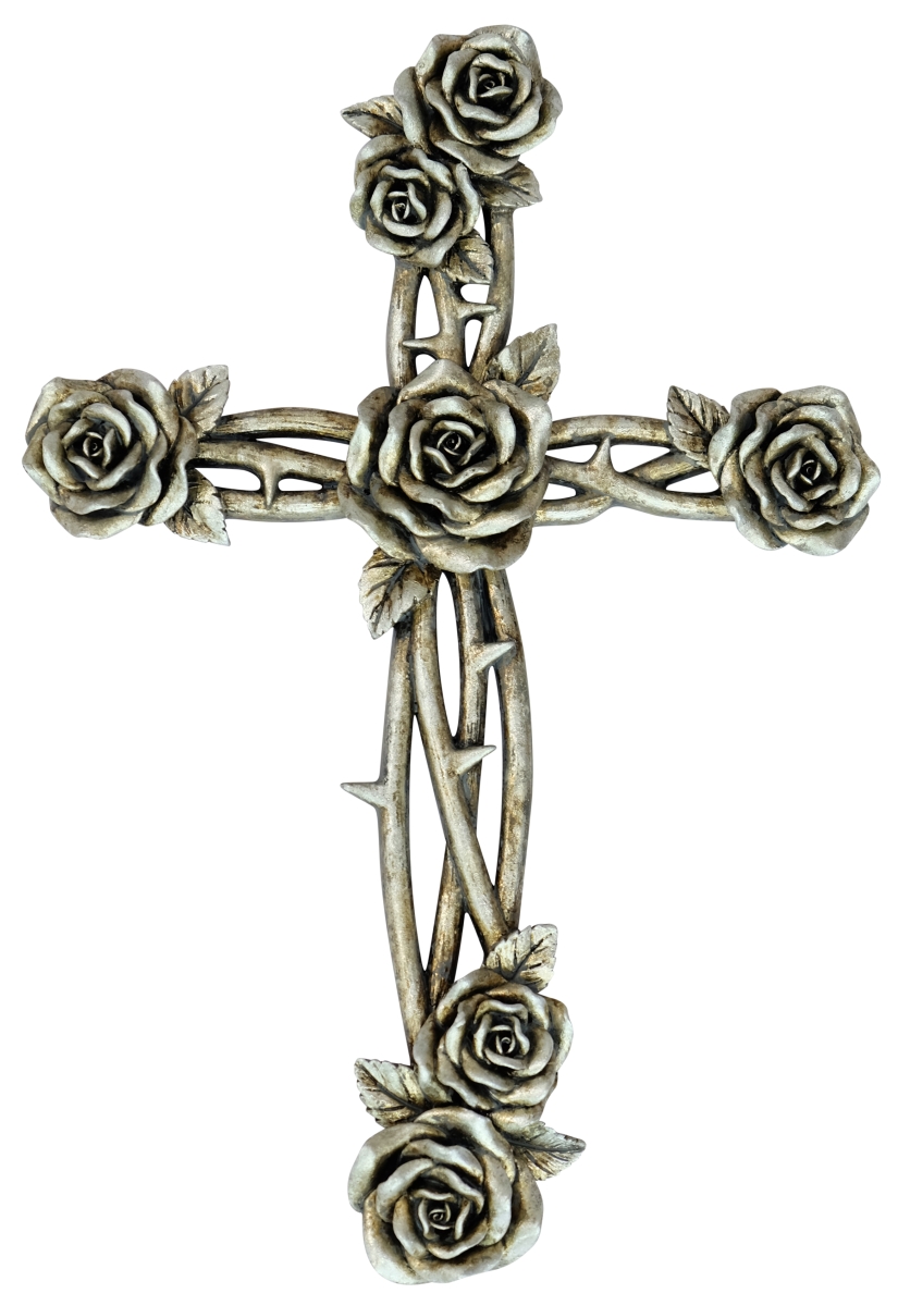 13583 Polyresin Silver Rose and Thorns Hanging Wall Cross Dcor
