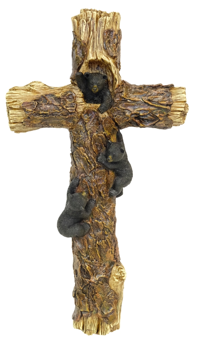13642 Resin 3 Black Bear Cubs Climbing Wood Wall Cross Dcor