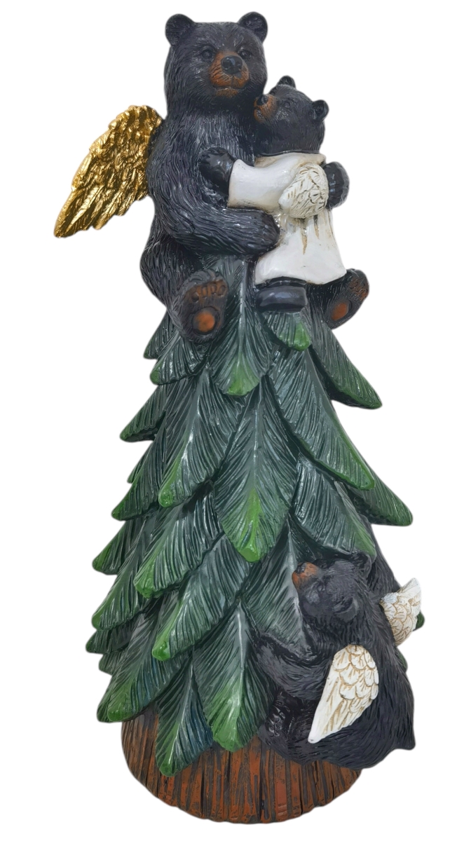 14931 Polyresin Christmas Black Bear Angels on Green Pine Tree Top Freestanding Tabletop Figurine