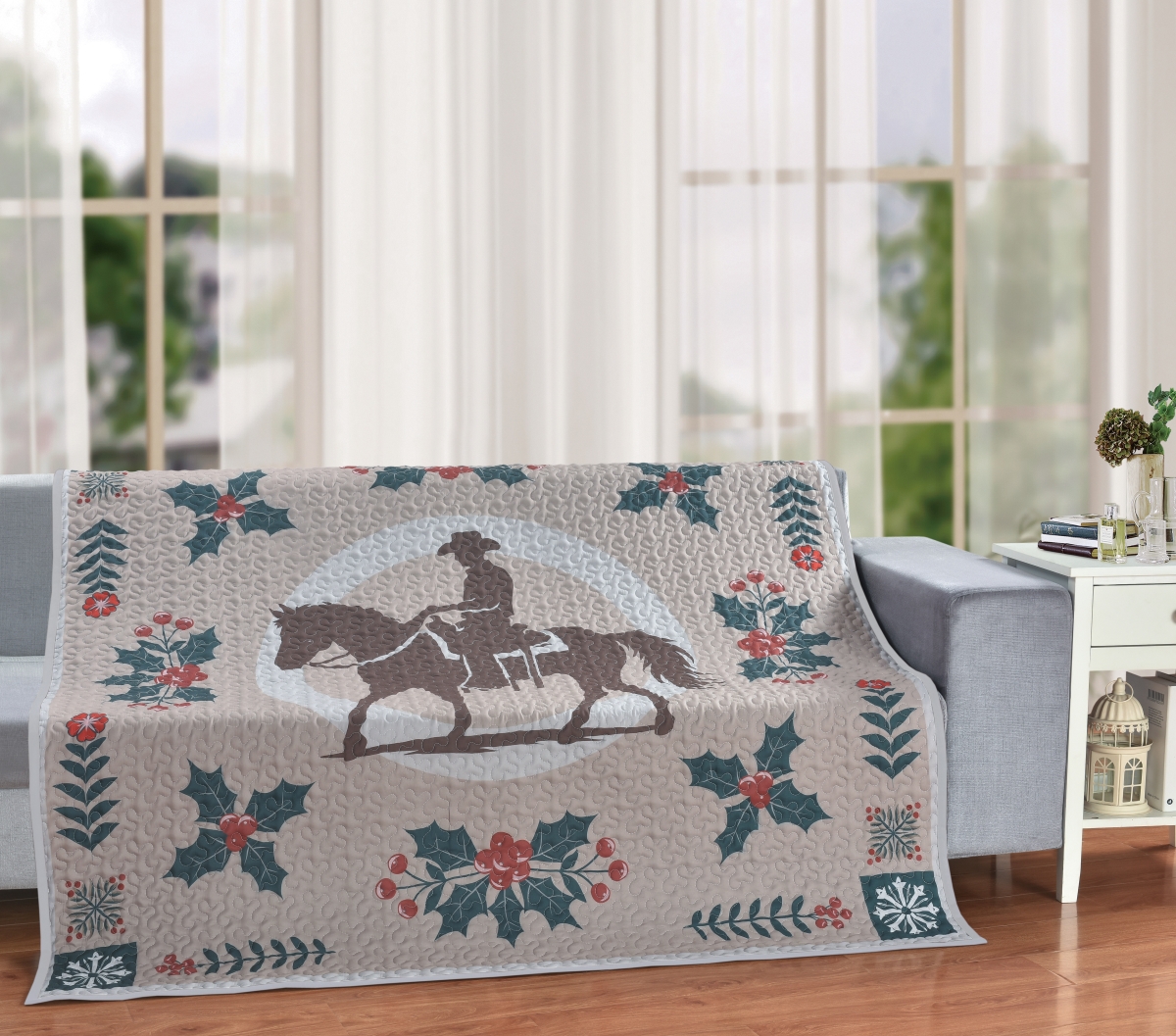 Picture of De Leon Collections 63903 Holiday Homecoming Rustic Christmas Cowboy Holly Tree 60 x 60 Decorative Quilt Throw Blanket