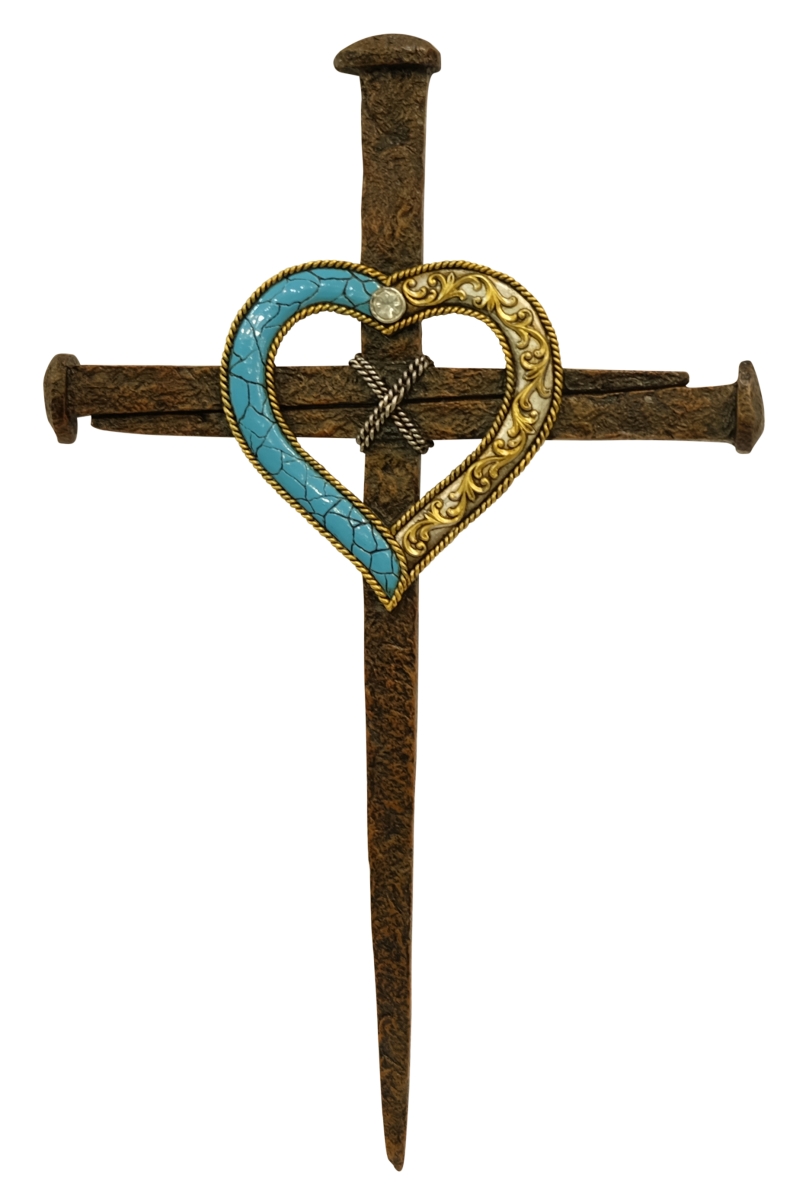 Turquoise Gold Heart Wall Cross - 16.6in. x 10.4in. - Elegant Spiritual Decor