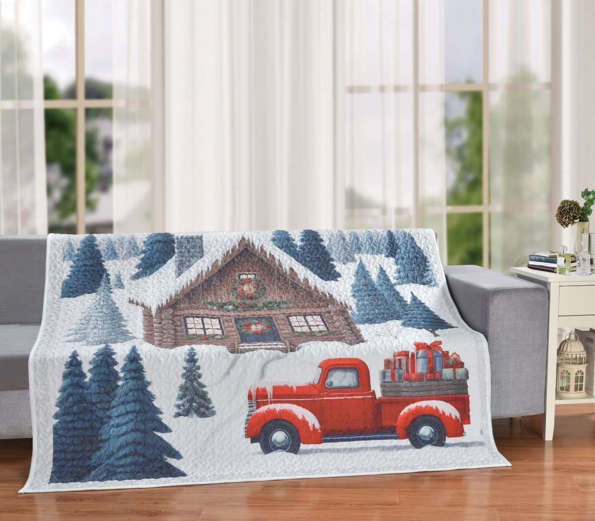 Picture of De Leon Collections 63901 Winter Wonderland Snowy Christmas Cabin Red Pickup Truck 60 x 60 Decorative Quilt Throw Blanket