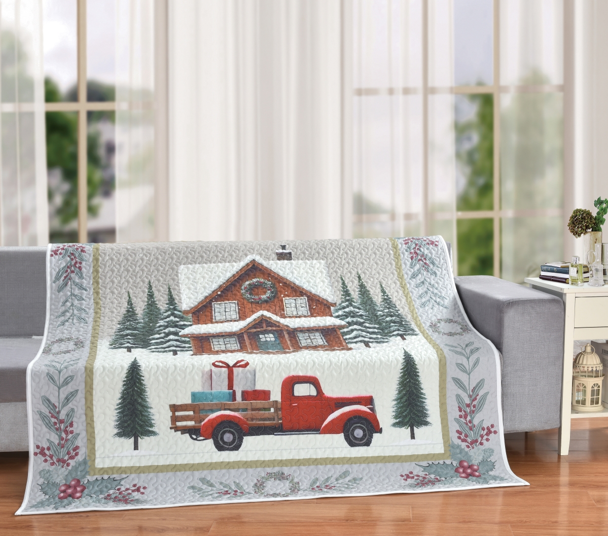 Picture of De Leon Collections 63902 Winter Wonderland Snowy Christmas Cabin Red Pickup Truck 60 x 60 Decorative Quilt Throw Blanket