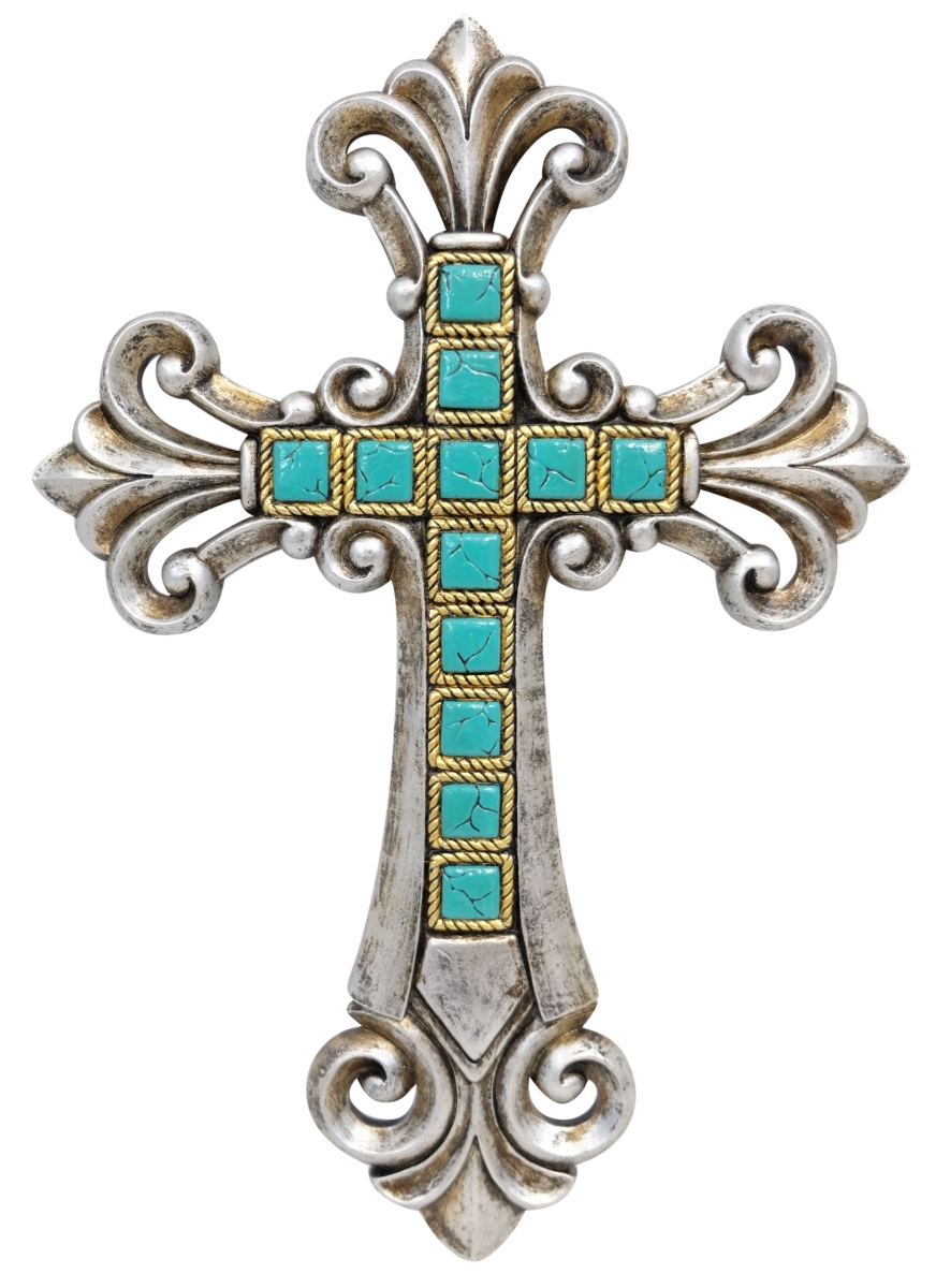 14428 Polyresin Aged Silver and Turquoise Tile Ornate Fleur De Lis Religious Hanging Wall Cross