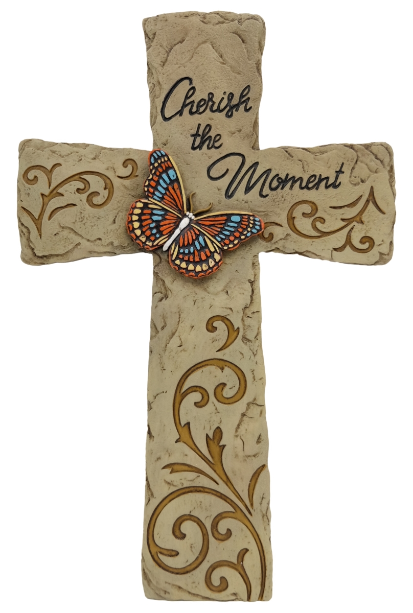 14477 Polyresin Cherish the Moment Butterfly Modern Eclectic Scroll Religious Hanging Wall Cross Dcor