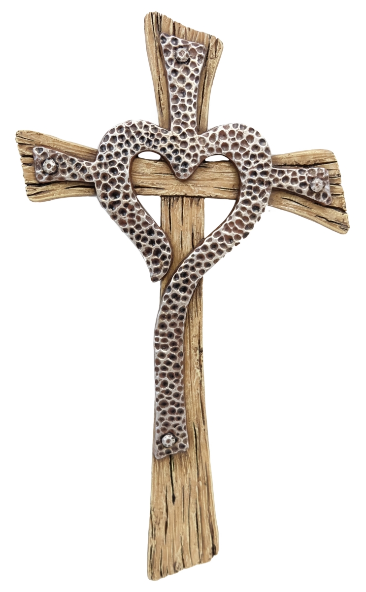 Polyresin Hammered Layered Wood Heart Rustic Farmhouse Religious Hanging Wall Cross Dcor