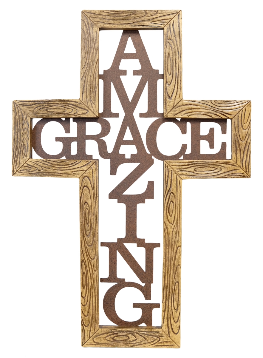 14490 Wood & Metal Hollow Brown Amazing Grace Intersection Religious Hanging Wall Cross Dcor