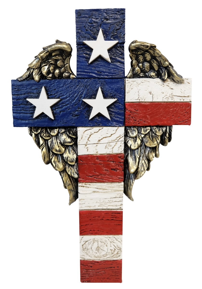 14496 Polyresin American Flag Stars and Stripes with Golden Angel Wings Hanging Wall Cross Dcor