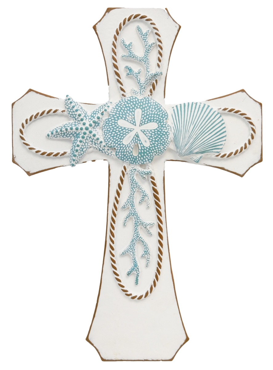 Polyresin Starfish and Seashells White & Sky Blue Nautical Beach Hanging Wall Cross Dcor