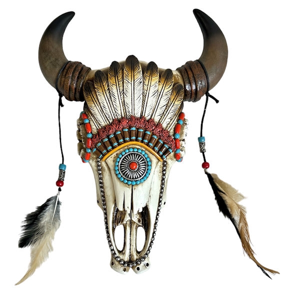 14042 BULL SKULL W FEATHER HEADDRESS Decor