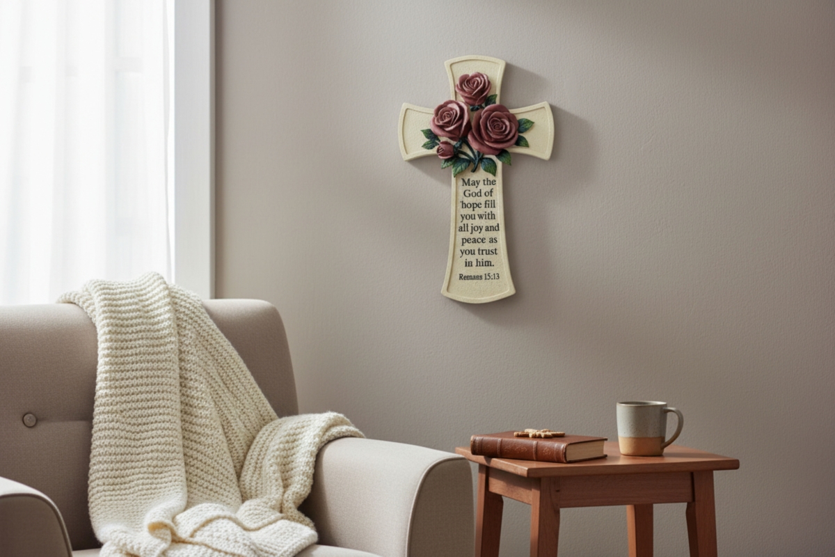 14973  FLORAL FAITH CROSS ROSE HOPE