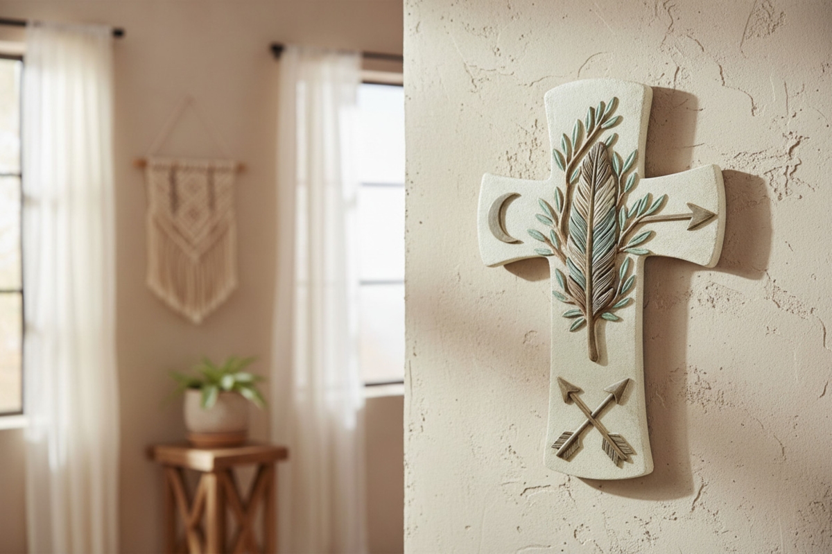 17025  SAGE BRUSH SPIRIT FEATHER CROSS