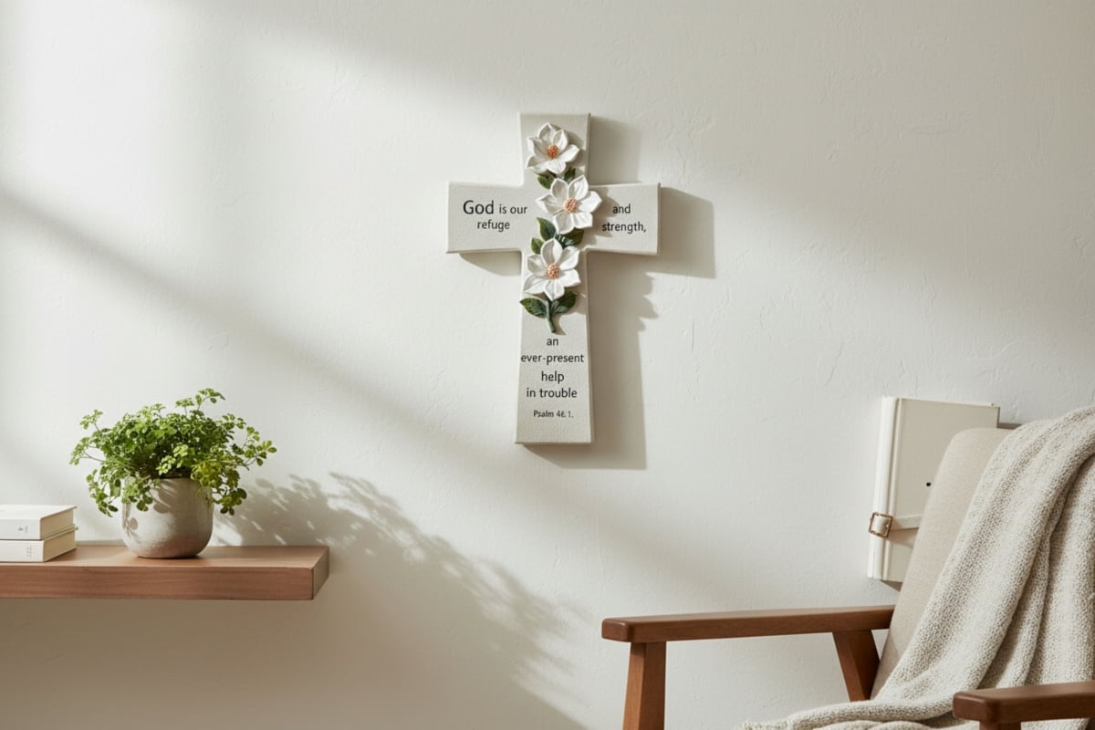 14977  FLORAL FAITH CROSS WHITE BLOSSOM REFUGE