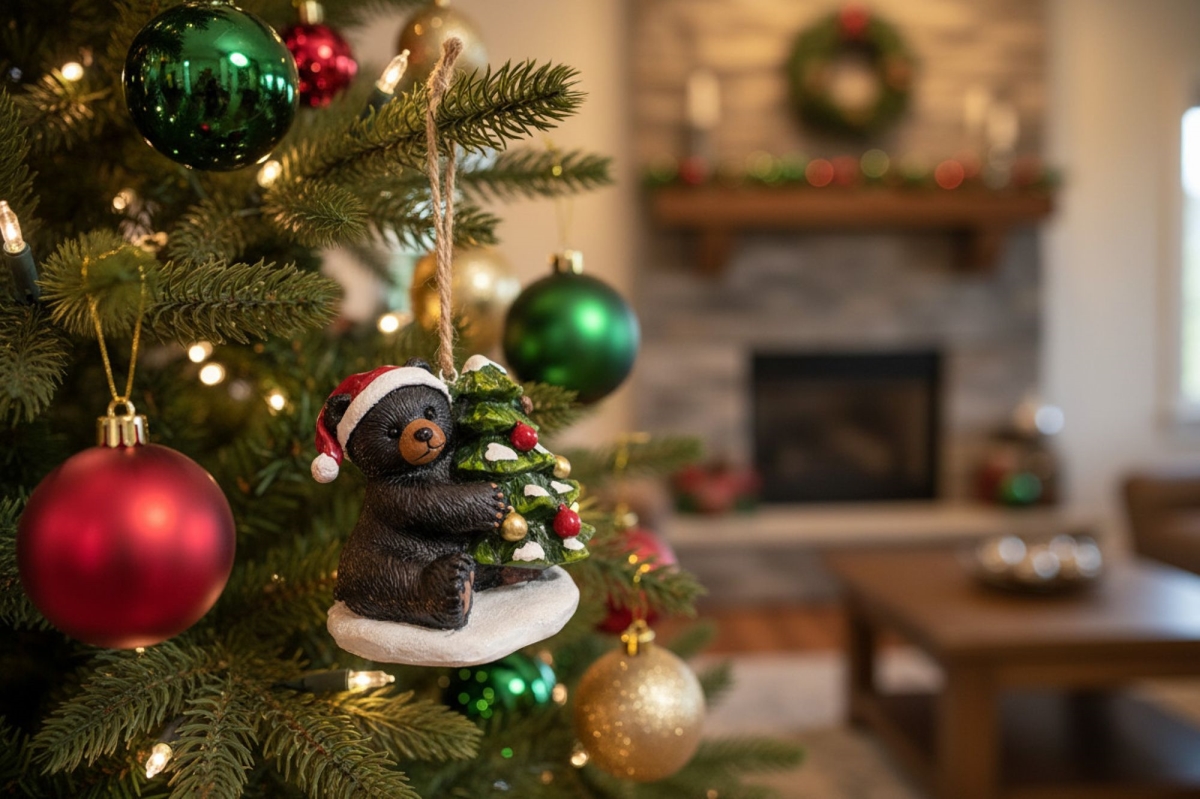 17090 Christmas Ornament Bear With Hat By Tree