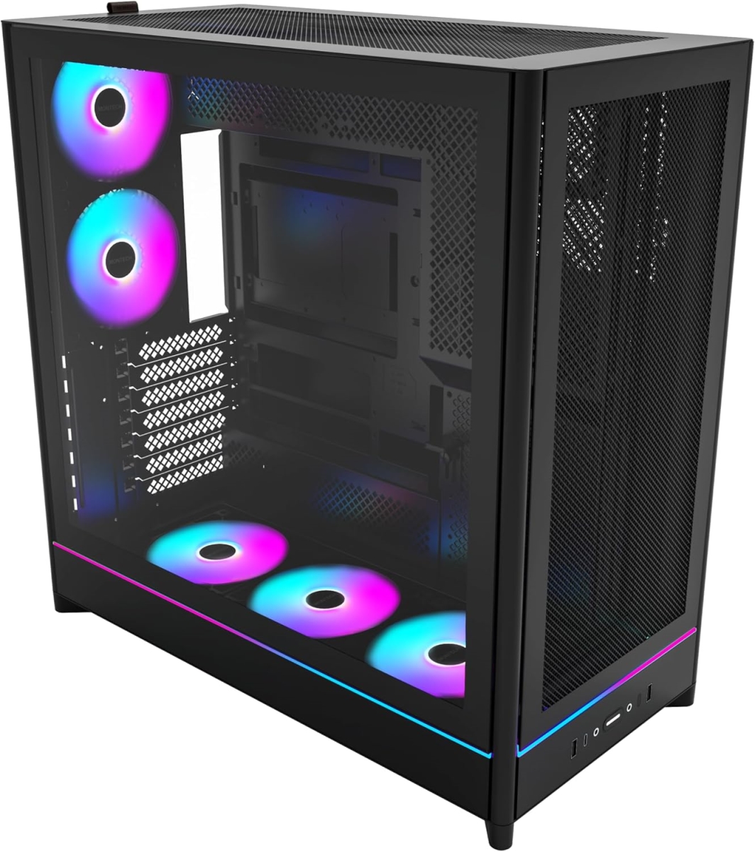 Picture of Montech HS01PB ATX Mid-Tower PC Case Gaming High Airflow Reversible Layout Mesh Front Panel 5x ARGB PWM Fan Pre-Installed Sink-in Design Tool Less Panels - Black