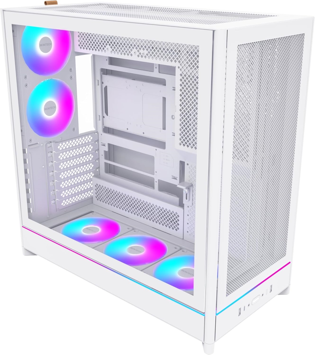 Picture of Montech HS01PW High-Airflow Reversible Layout Mesh Front Panel 5x ARGB PWM Fan Pre-Installed Sink-in Design Tool Less Panels ATX Mid-Tower PC Gaming Case - White