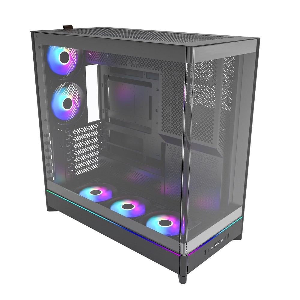 Picture of Montech HS02PB ATX Mid-Tower PC Case Gaming High-Airflow Reversible Layout Sturdy Curved Tempered Glass Fan Pre-Installed Sink-in Design Tool Less Panels - Black
