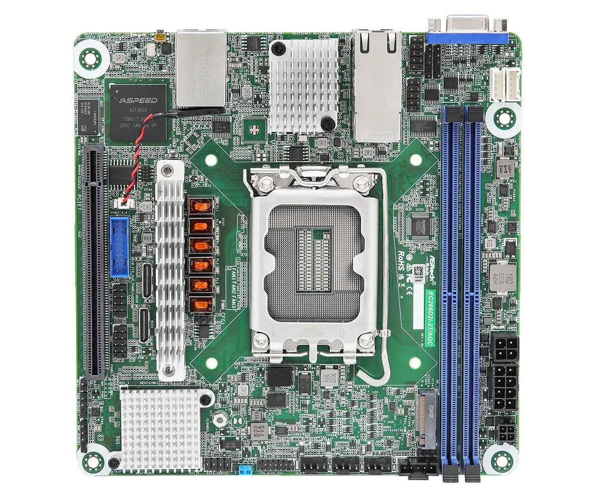 EC266D2I-2T-AQC Mini-ITX Server Motherboard, Intel Xeon 6300-series, Xeon E-2400 series & Pentium Gold G7400 & G7400T processors PCIe 5.0 x16