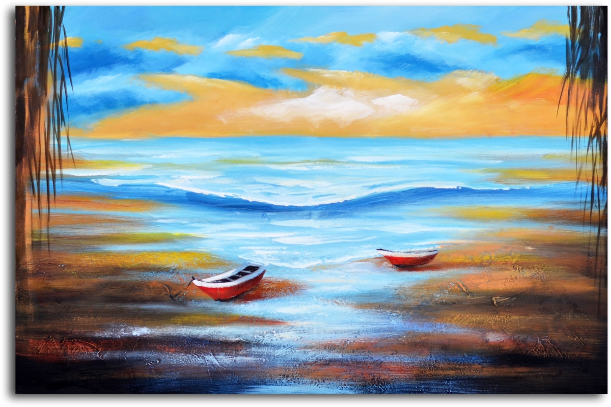 A 0351 32 x 48 in. Dinghies at Shore Hand Painted Canvas Wall Art