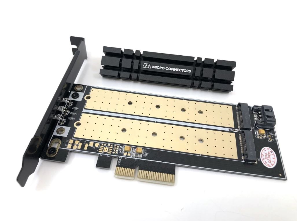 M.2 NVMe Plus M.2 SATA 110mm SSD PCIe x 4 Adapter with Heat Sink