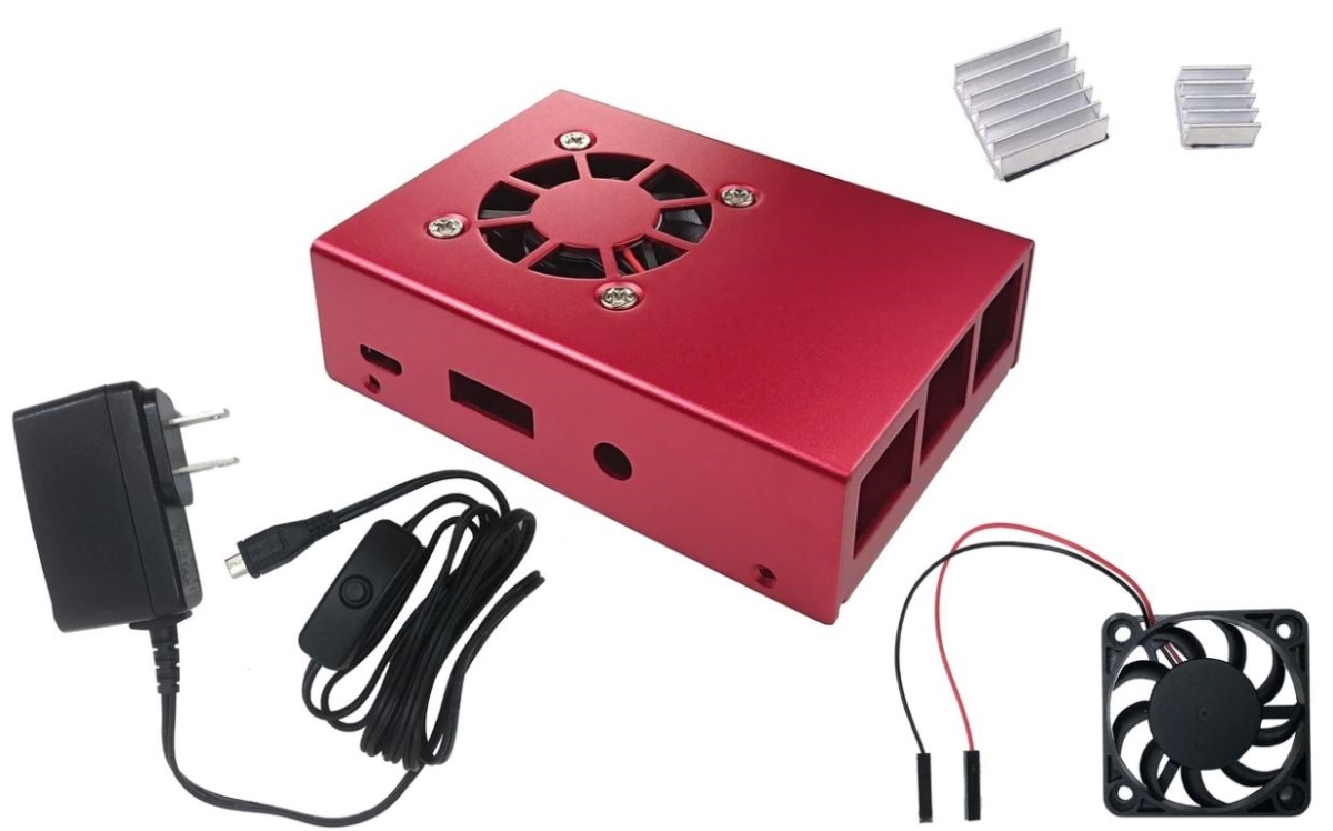Picture of Micro Connectors RAS-PCS04PWR-RD Aluminum Raspberry Pi 3 Model B B Plus Case with Fan with Power Adapter - Red