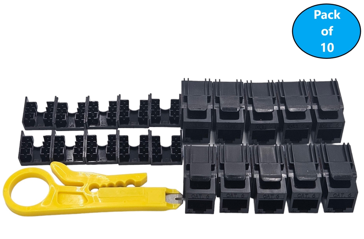 FRT-860B10-T CAT6 Unshielded Punch Down Keystone Jack with Tool, Black (10-Pack)