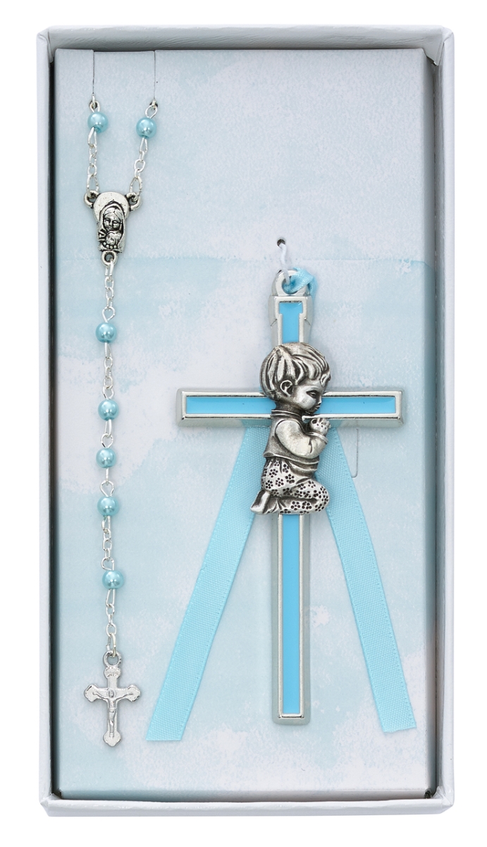 Picture of McVan BS49 3 mm Crib Cross Rosary Set - Blue