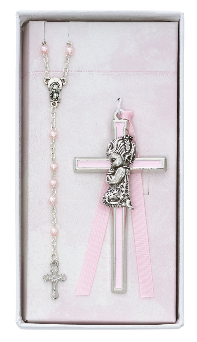 Pink Crib Cross & Pink Rosary Set