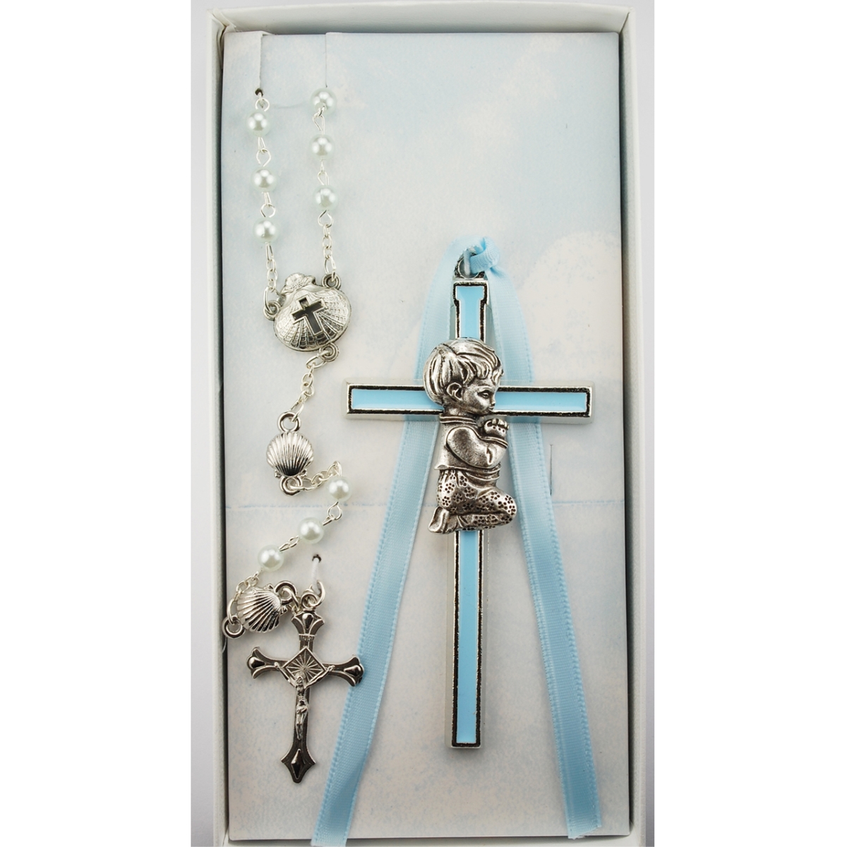 Picture of McVan BS52 3 mm Crib Cross Rosary Set with Pewter Plated - Blue