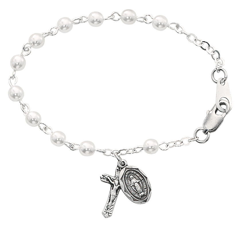 Picture of McVan BR177 5.5 in. Imitation Pearl Baby Bracelet with Sterling Silver Crucifix