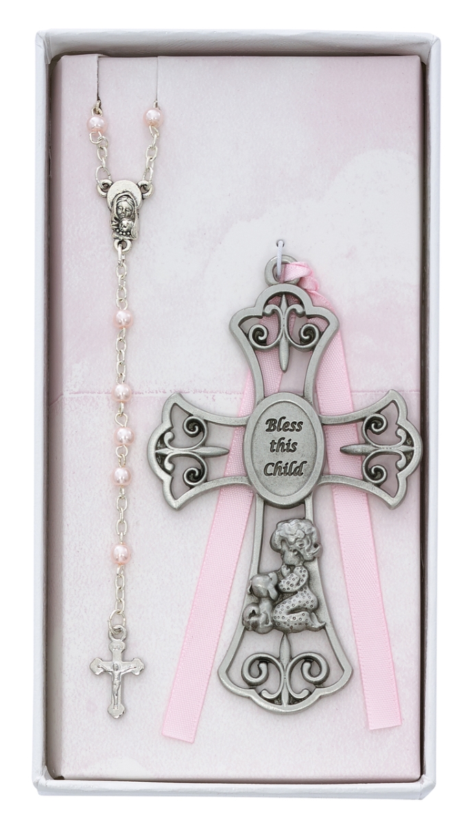 Picture of McVan BS59 3 mm Baby Girl & Puppy Crib Cross Rosary Set - Silver & Blue