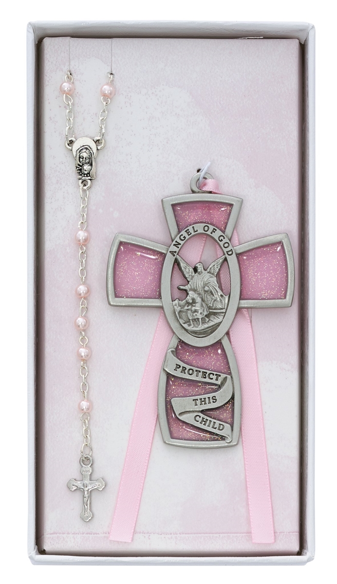 BS8 Pink Crib Cross & Pink Rosary Set
