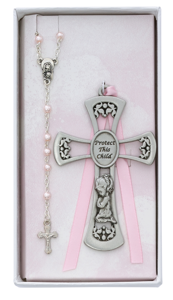 Picture of McVan BS10 3 mm Baby Girl Crib Cross & Rosary Set - Pink